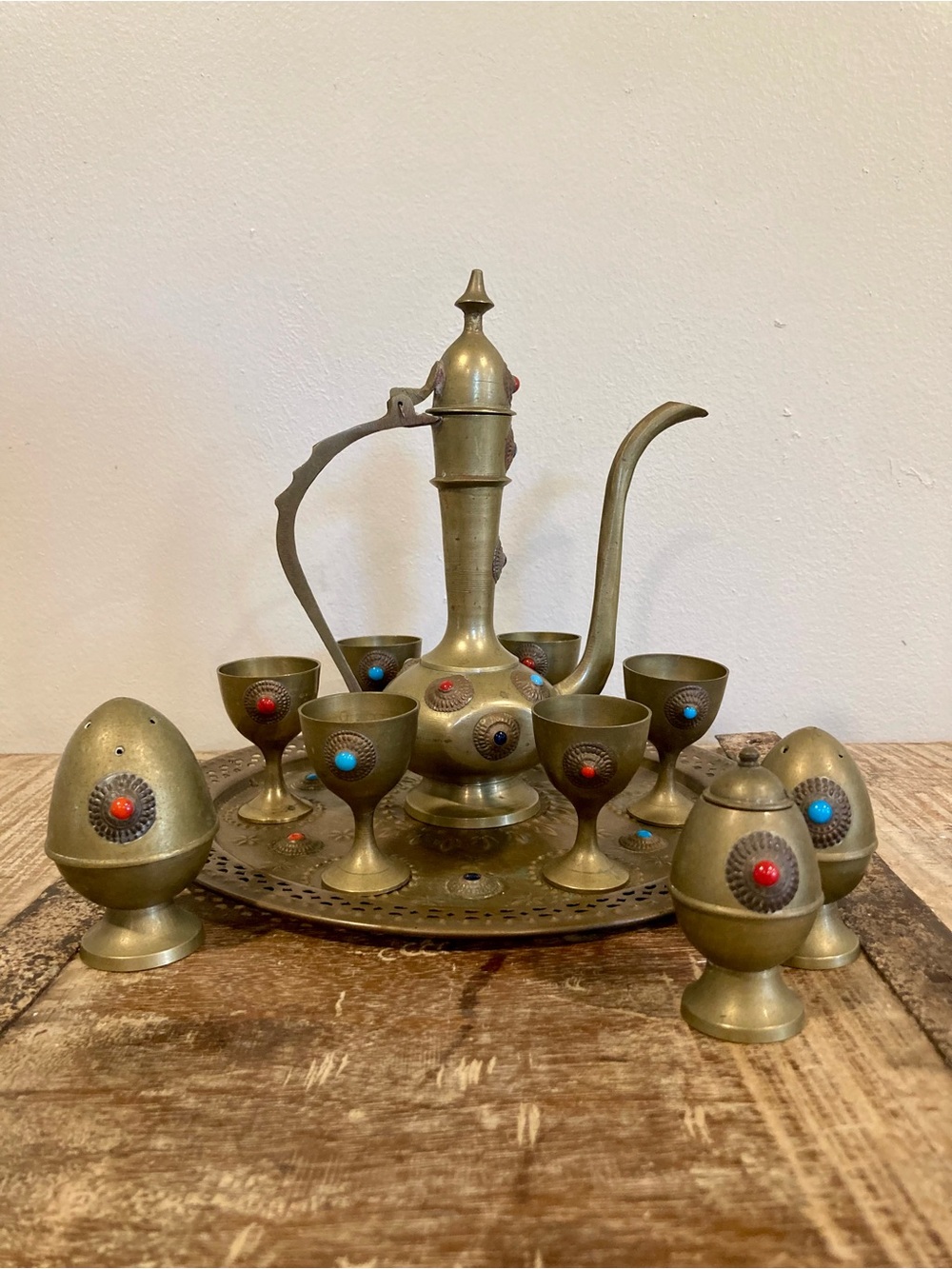 Vintage Turkish/Moroccan Wine Tea Set with Tray Cups & Shakers Jeweled Metal
